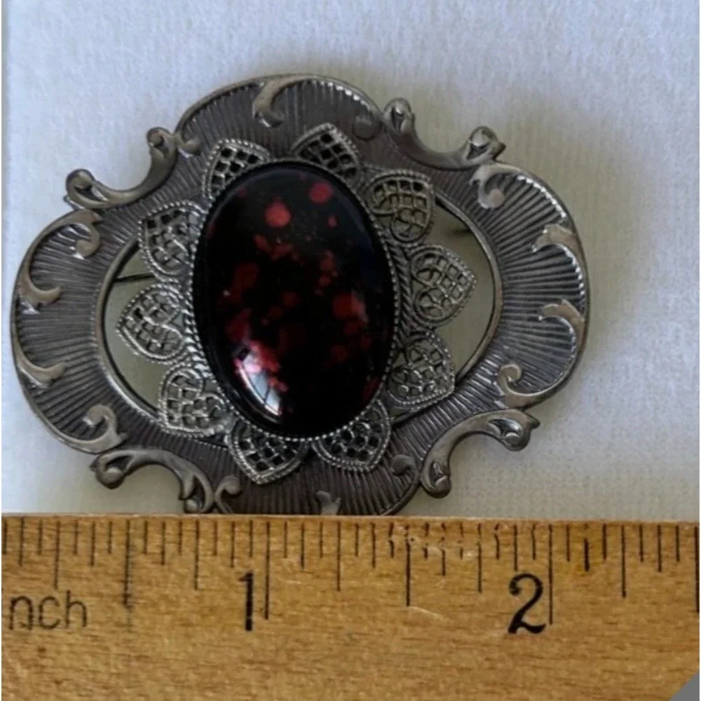 Jablonex Victorian Style Brooch New Boxed Czech Glass Red Black Cabochon Goth